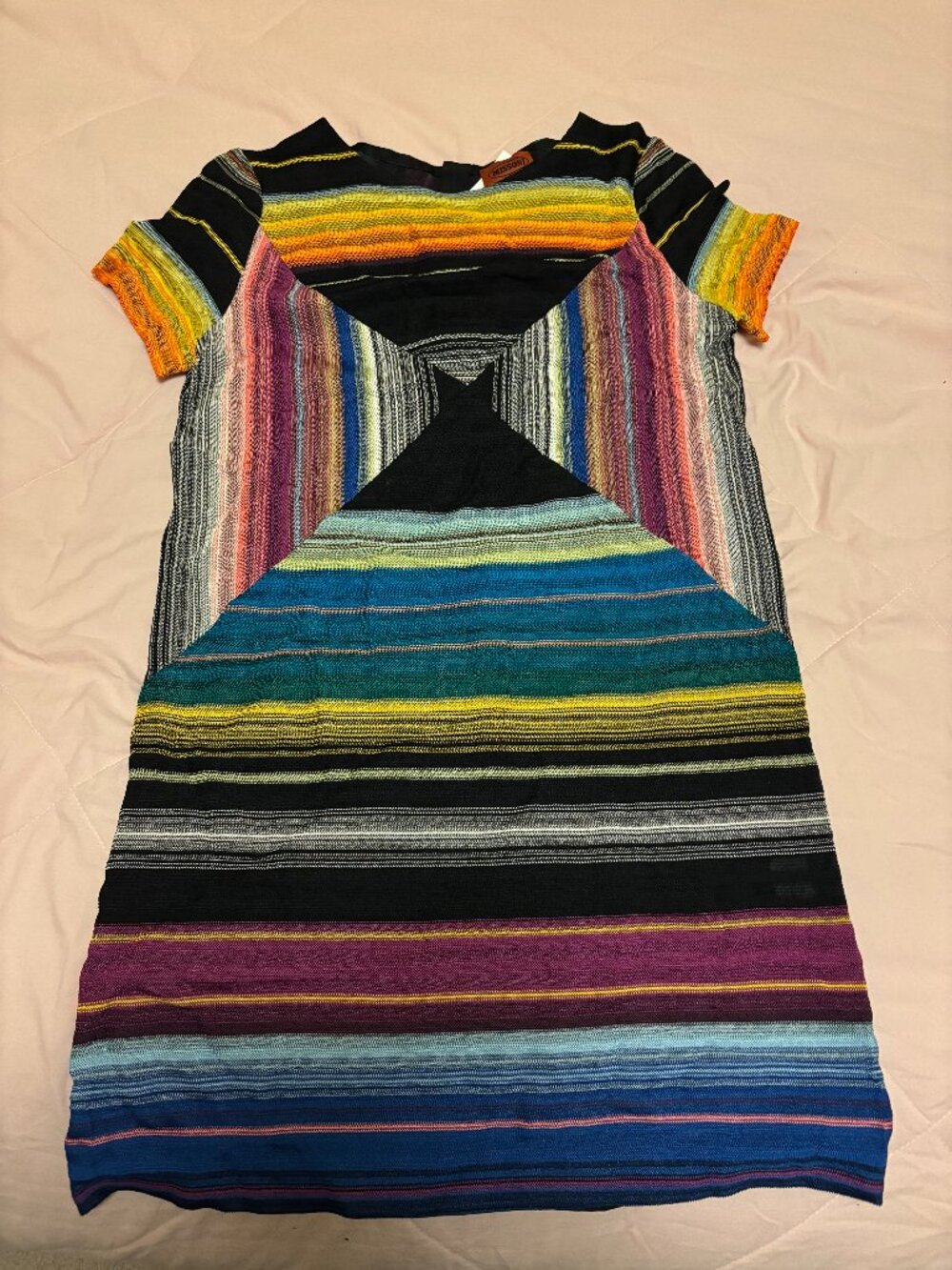 Missoni Geometric Striped Multicolor Crochet Knit Mini Dress Short Sleeve